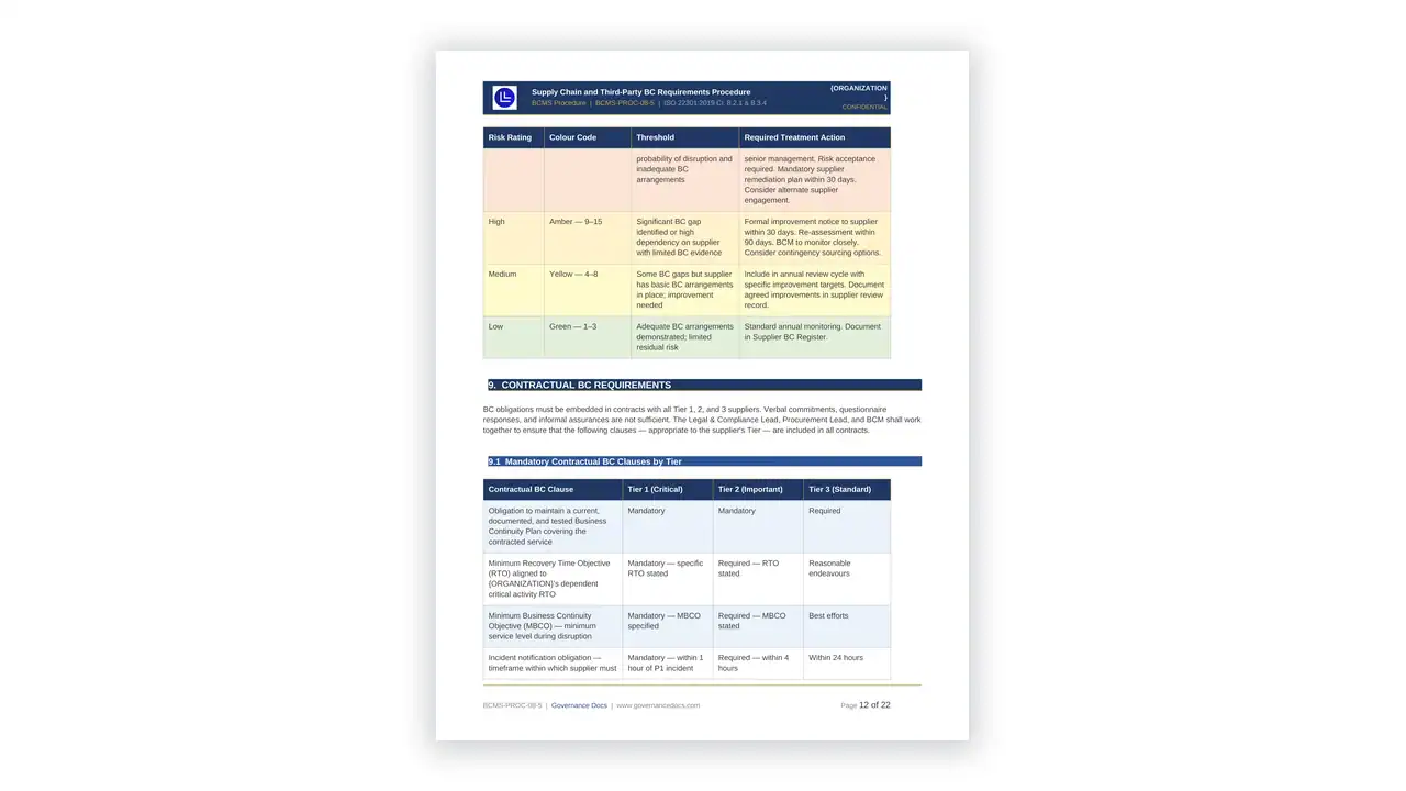 Preview of the Supply Chain Third Party BC Procedure from the ISO 22301 Toolkit on iso-toolkits.com