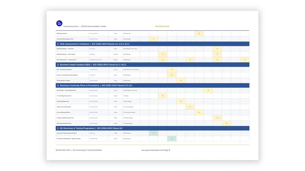 Preview of the BC Exercising and Testing Schedule from the ISO 22301 Toolkit on iso-toolkits.com