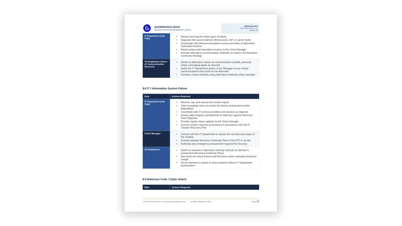 Preview of the Incident Response Plan from the ISO 22301 Toolkit on iso-toolkits.com