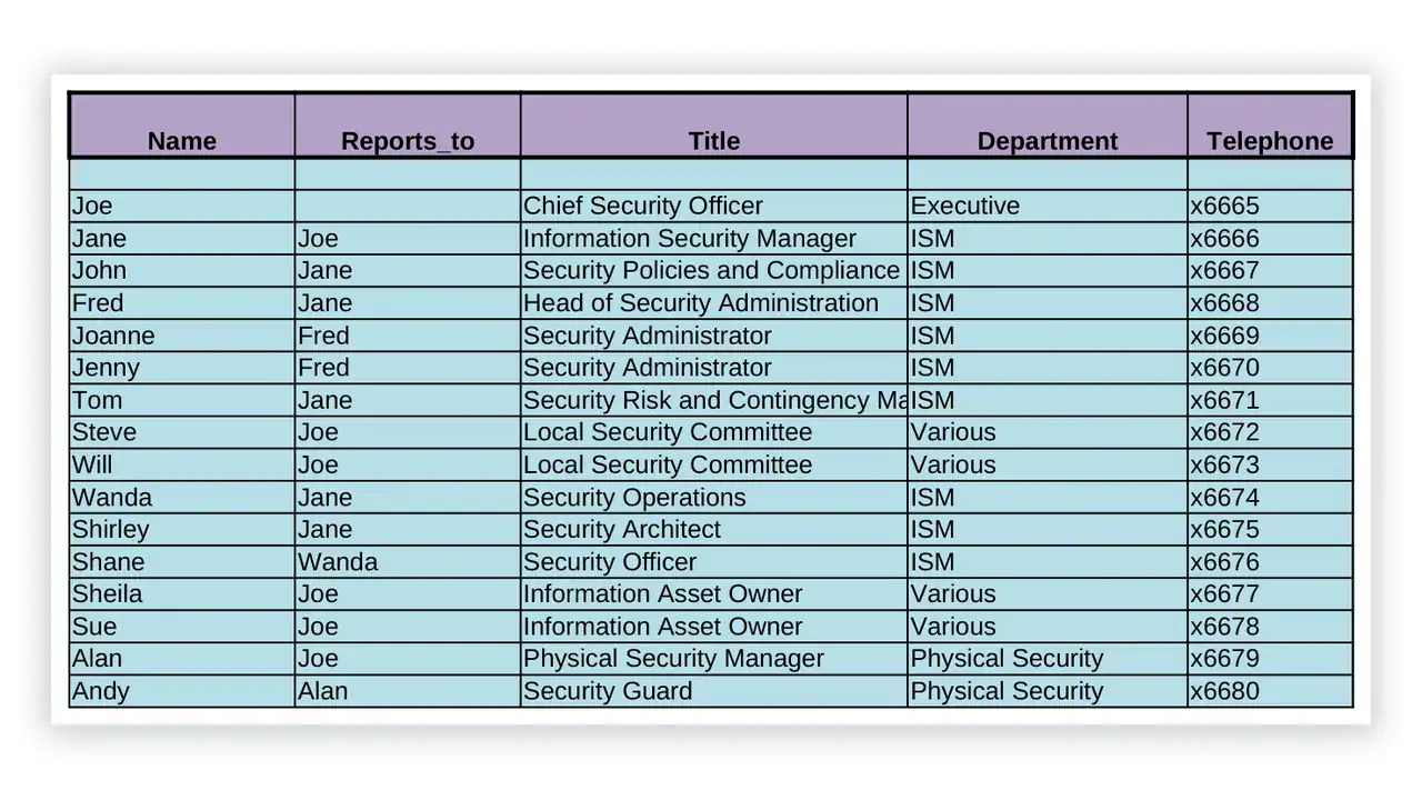 Preview of the ISM organization chart data from the ISO 27001 Toolkit on iso-toolkits.com