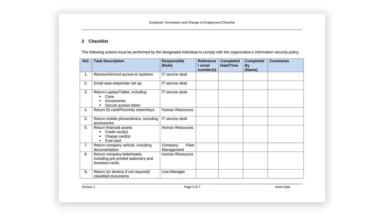 Preview of the Employee Movement and Termination Checklist from the ISO 27001 Toolkit on iso-toolkits.com