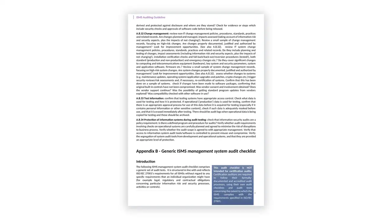 Preview of the ISMS Auditing Guideline from the ISO 27001 Toolkit on iso-toolkits.com