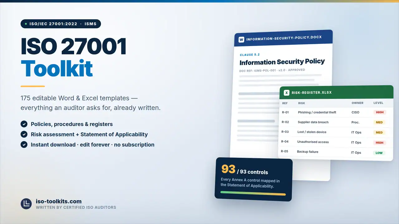ISO 27001 Statement of Applicability - policies, registers and audit evidence templates