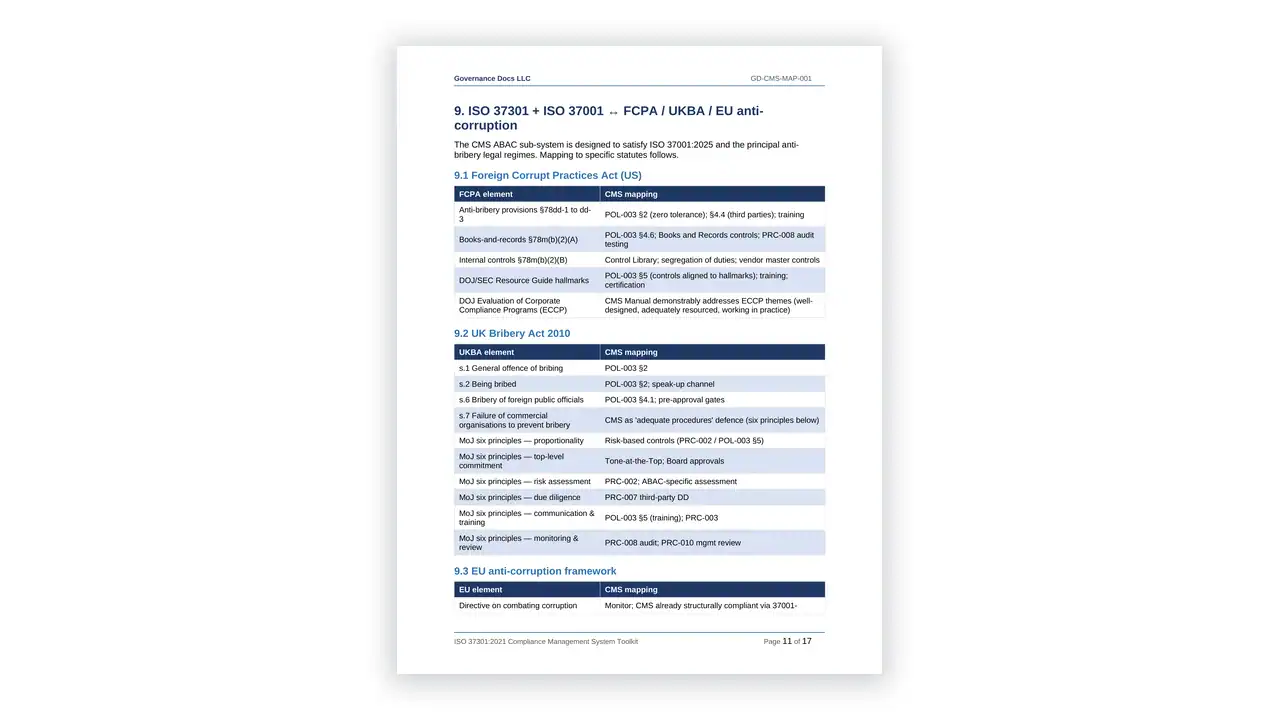 Preview of the Cross Mapping from the ISO 37301 Compliance Management Toolkit on iso-toolkits.com