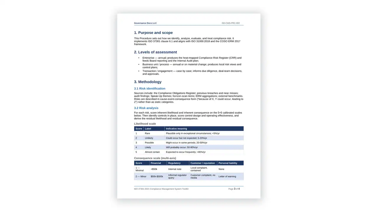 Preview of the Risk Assessment Procedure from the ISO 37301 Compliance Management Toolkit on iso-toolkits.com