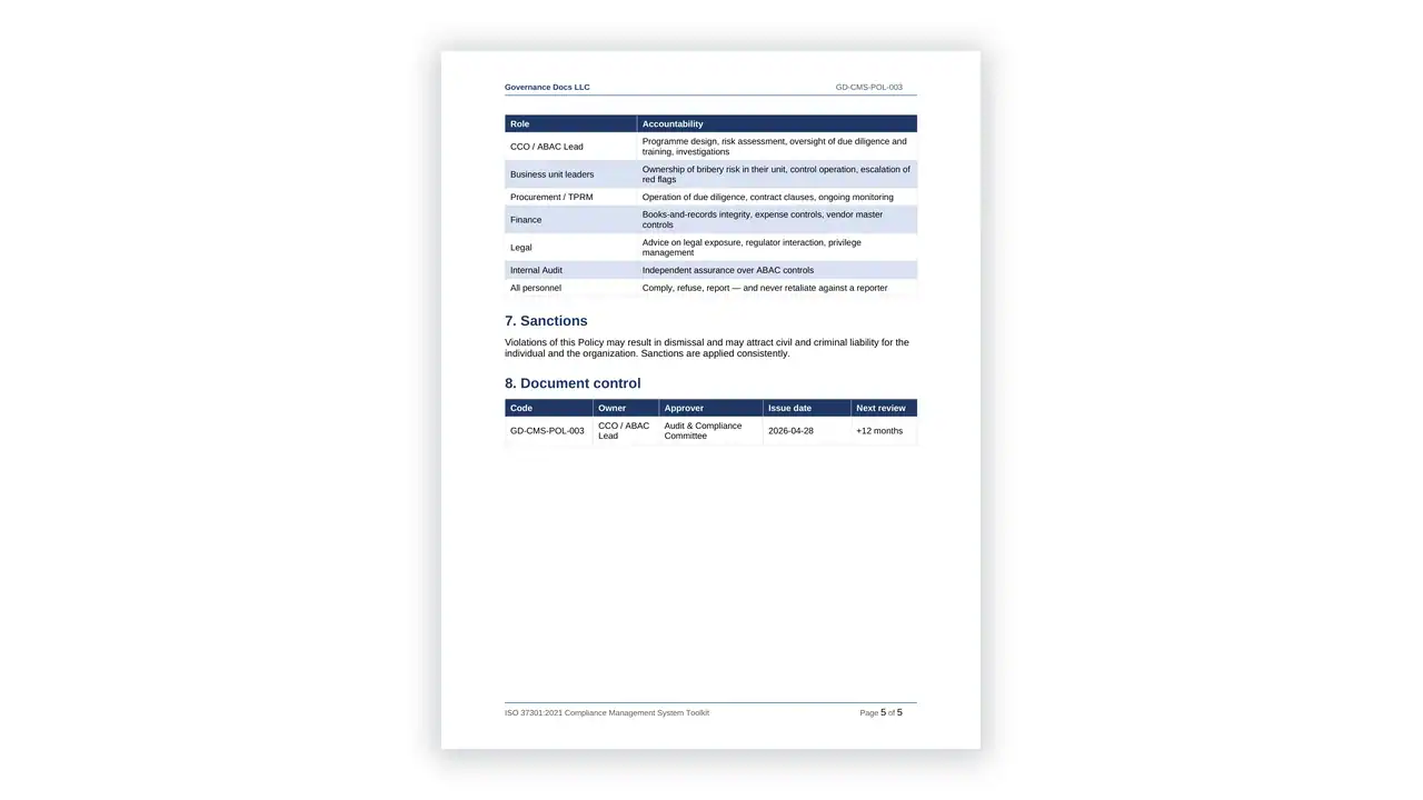 Preview of the Anti Bribery Policy from the ISO 37301 Compliance Management Toolkit on iso-toolkits.com