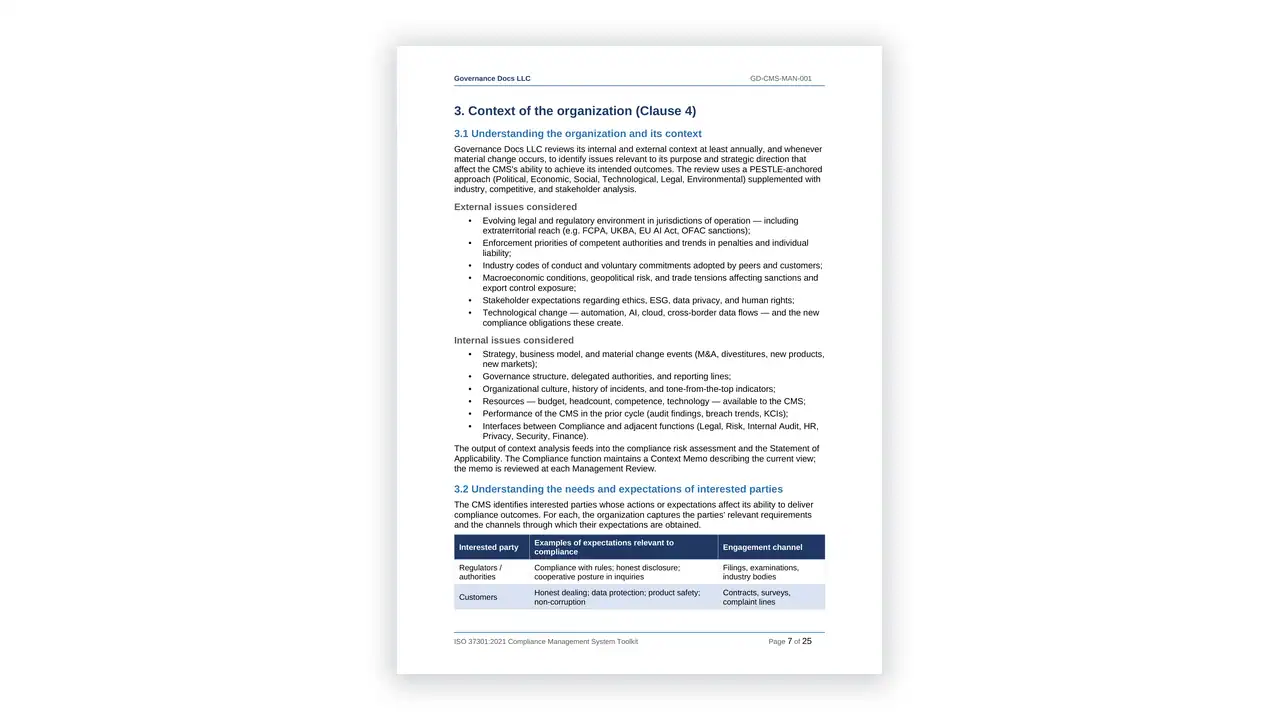 Preview of the CMS Manual from the ISO 37301 Compliance Management Toolkit on iso-toolkits.com