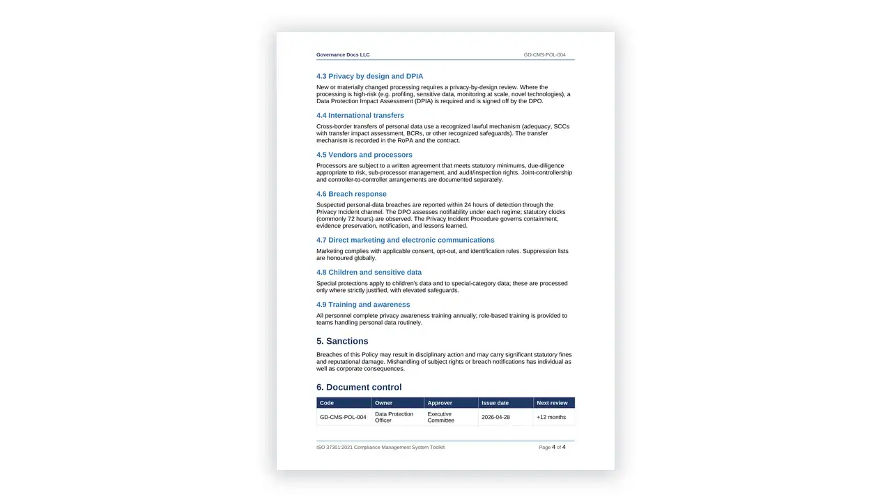 Preview of the Privacy Policy from the ISO 37301 Compliance Management Toolkit on iso-toolkits.com
