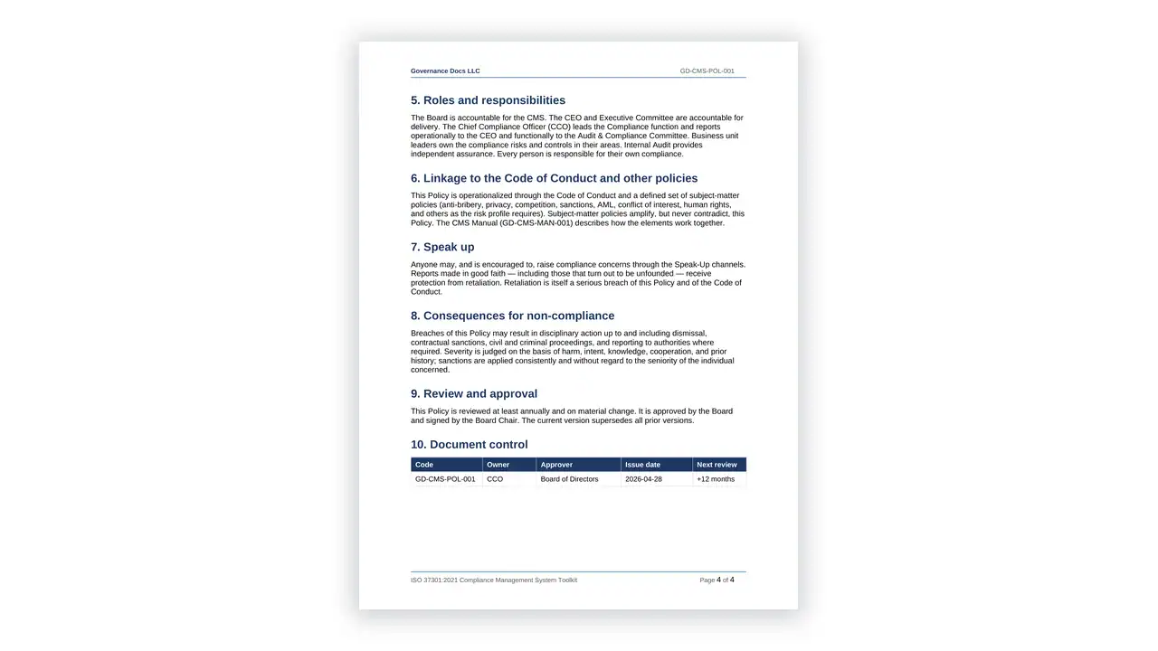 Preview of the Compliance Policy from the ISO 37301 Compliance Management Toolkit on iso-toolkits.com