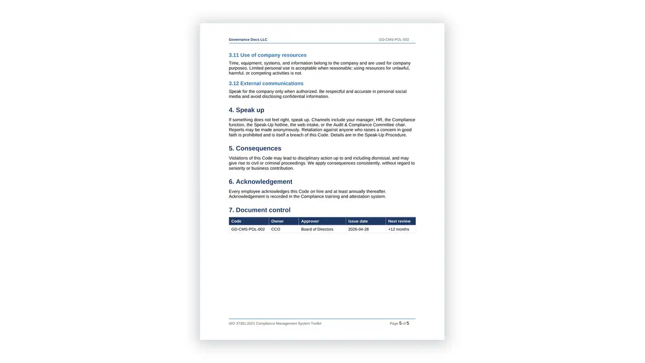 Preview of the Code of Conduct from the ISO 37301 Compliance Management Toolkit on iso-toolkits.com