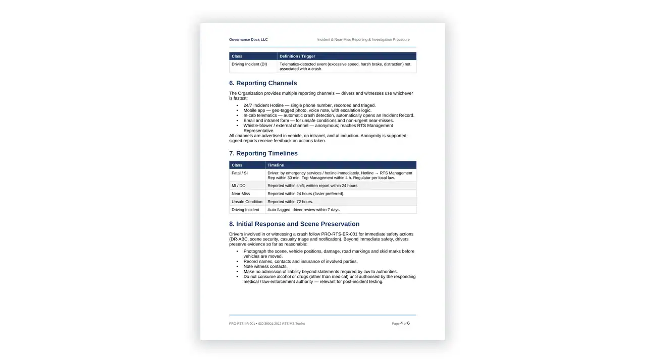 Preview of the 06 Incident NearMiss Procedure from the ISO 39001 Road Traffic Safety Toolkit on iso-toolkits.com