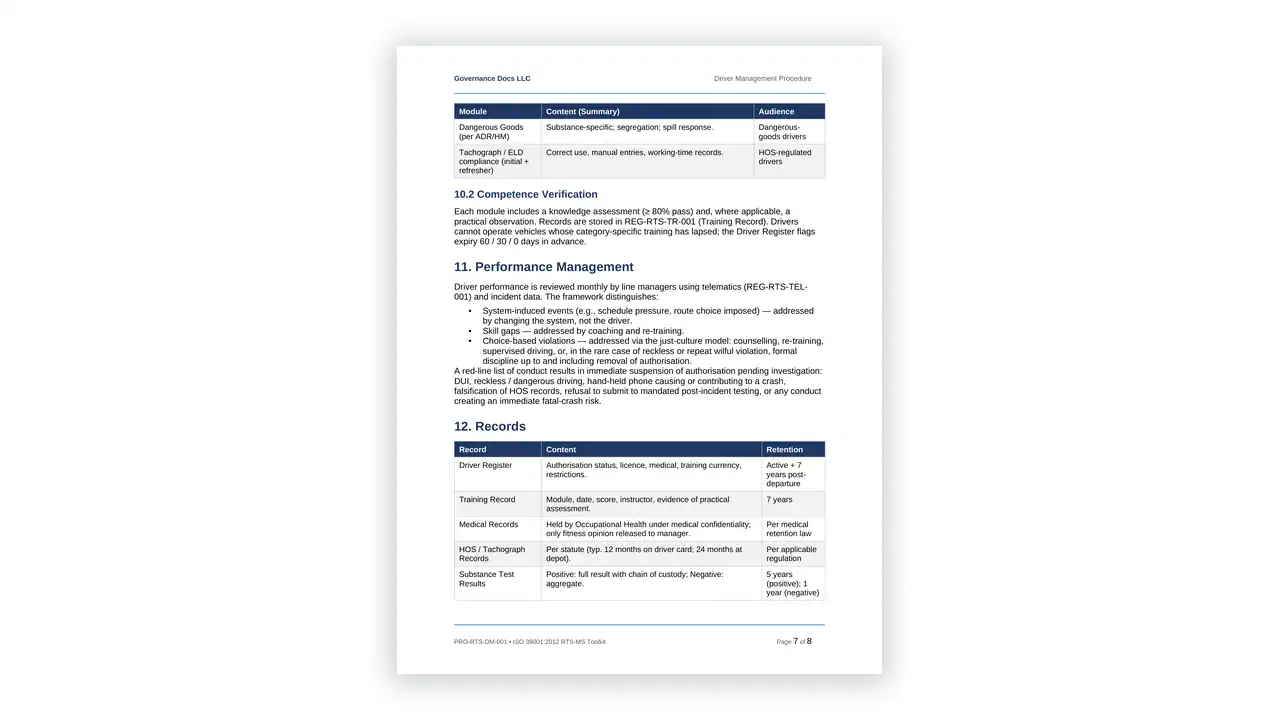 Preview of the 03 Driver Management Procedure from the ISO 39001 Road Traffic Safety Toolkit on iso-toolkits.com