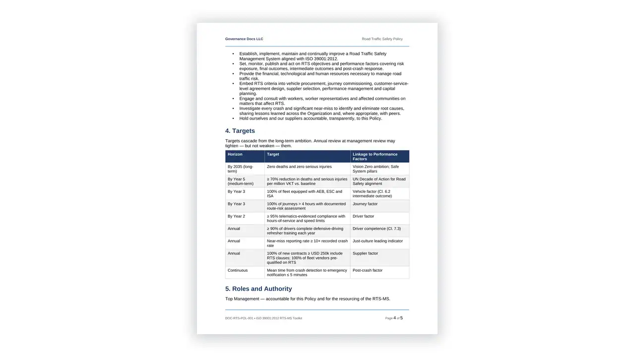 Preview of the 02 RTS Policy from the ISO 39001 Road Traffic Safety Toolkit on iso-toolkits.com