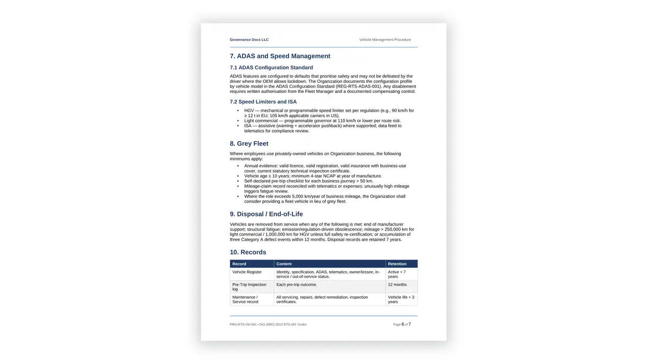 Preview of the 04 Vehicle Management Procedure from the ISO 39001 Road Traffic Safety Toolkit on iso-toolkits.com