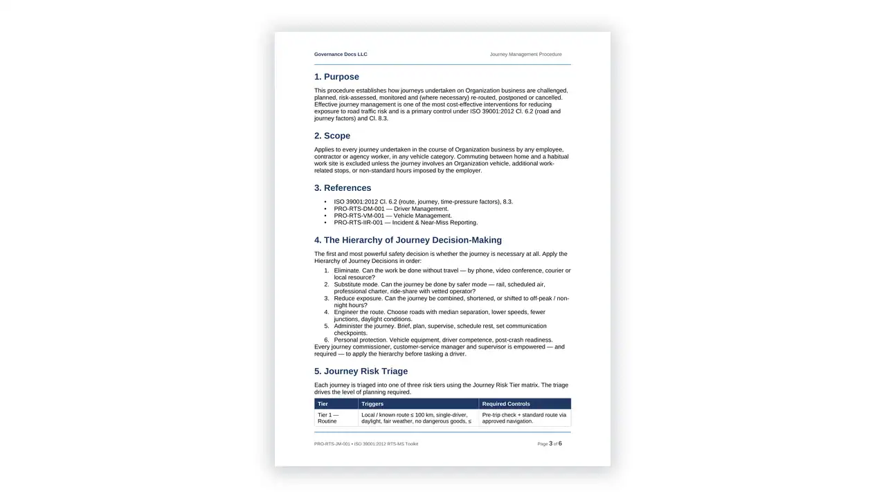 Preview of the 05 Journey Management Procedure from the ISO 39001 Road Traffic Safety Toolkit on iso-toolkits.com