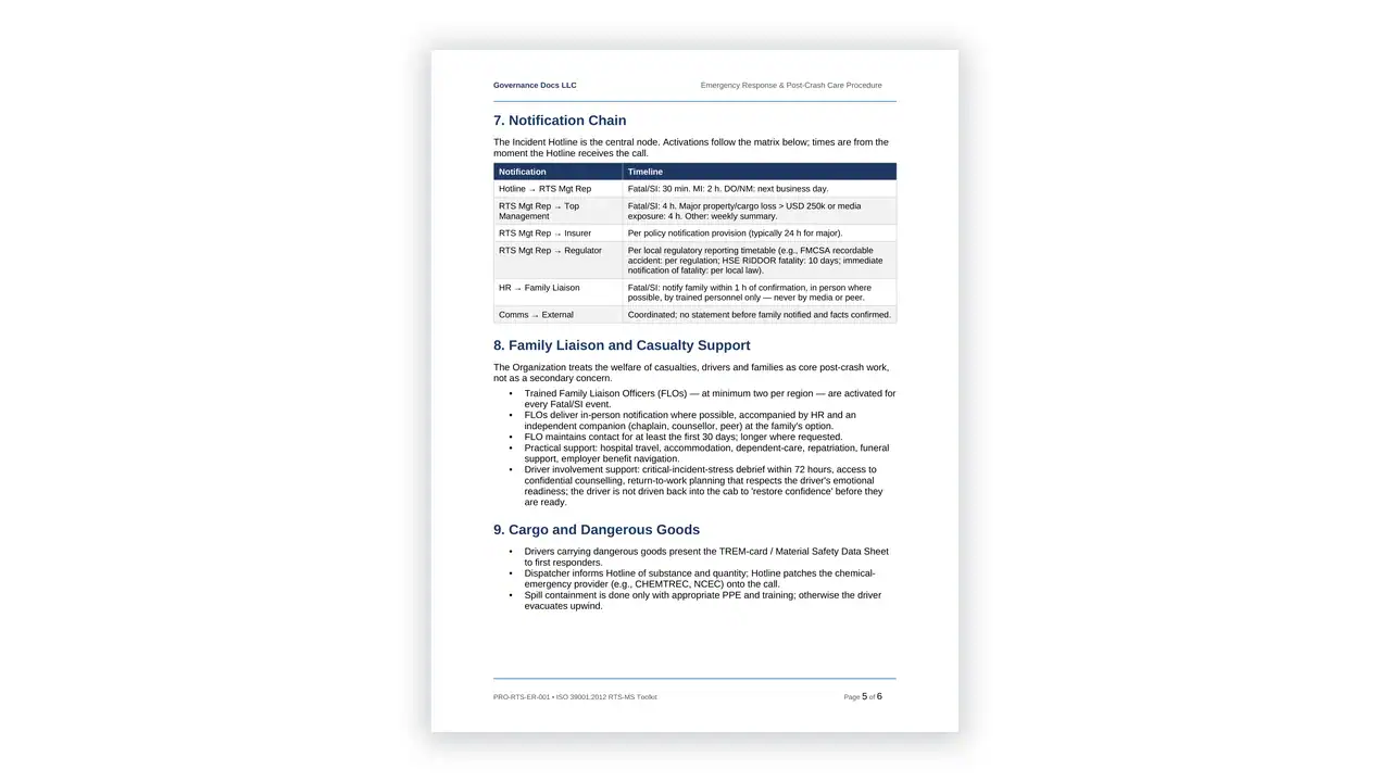 Preview of the 07 Emergency Response PostCrash Procedure from the ISO 39001 Road Traffic Safety Toolkit on iso-toolkits.com