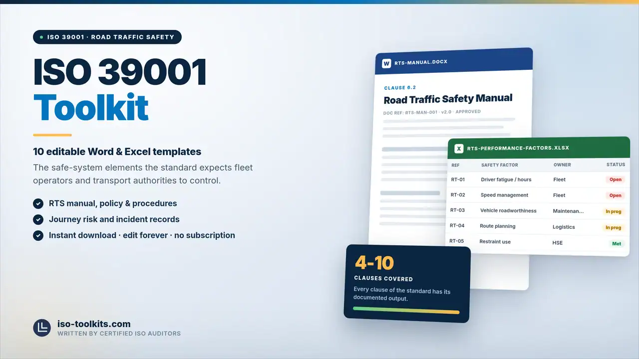 ISO 39001 Toolkit — 10 editable Word and Excel templates including the Road Traffic Safety Manual and an RTS Performance Factors, from iso-toolkits.com