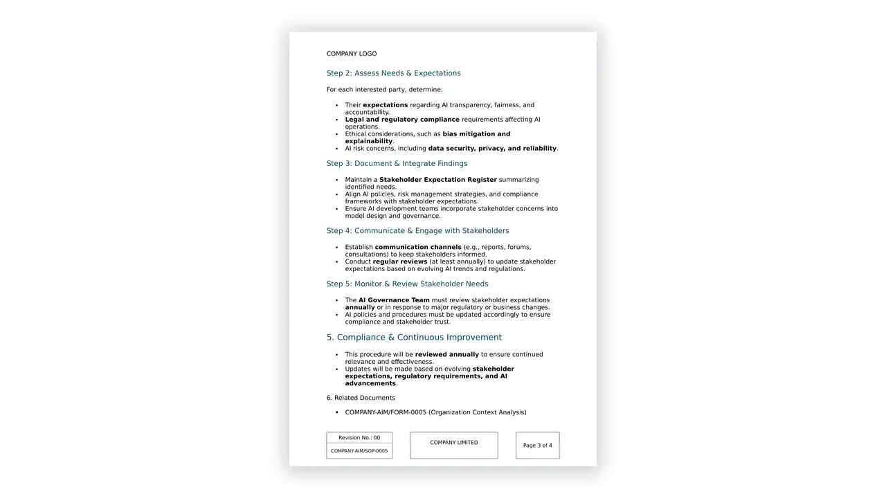 Preview of the Procedure for Understanding the Needs and Expectations of Interested Parties from the ISO 42001 Toolkit for AI Governance on iso-toolkits.com
