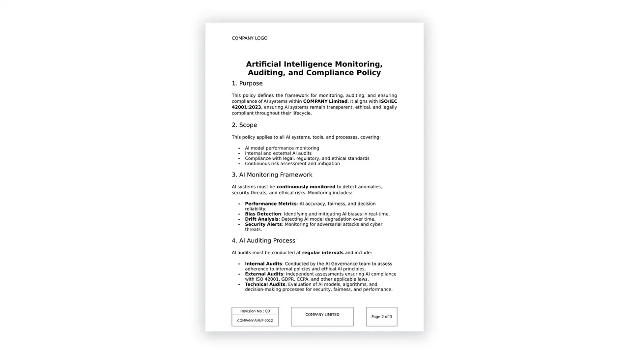 Preview of the AI Monitoring, Auditing, and Compliance Policy from the ISO 42001 Toolkit for AI Governance on iso-toolkits.com