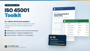 ISO 45001 Toolkit — 50+ editable Word and Excel templates including the Occupational Health & Safety Policy and a Hazard Risk Register, from iso-toolkits.com