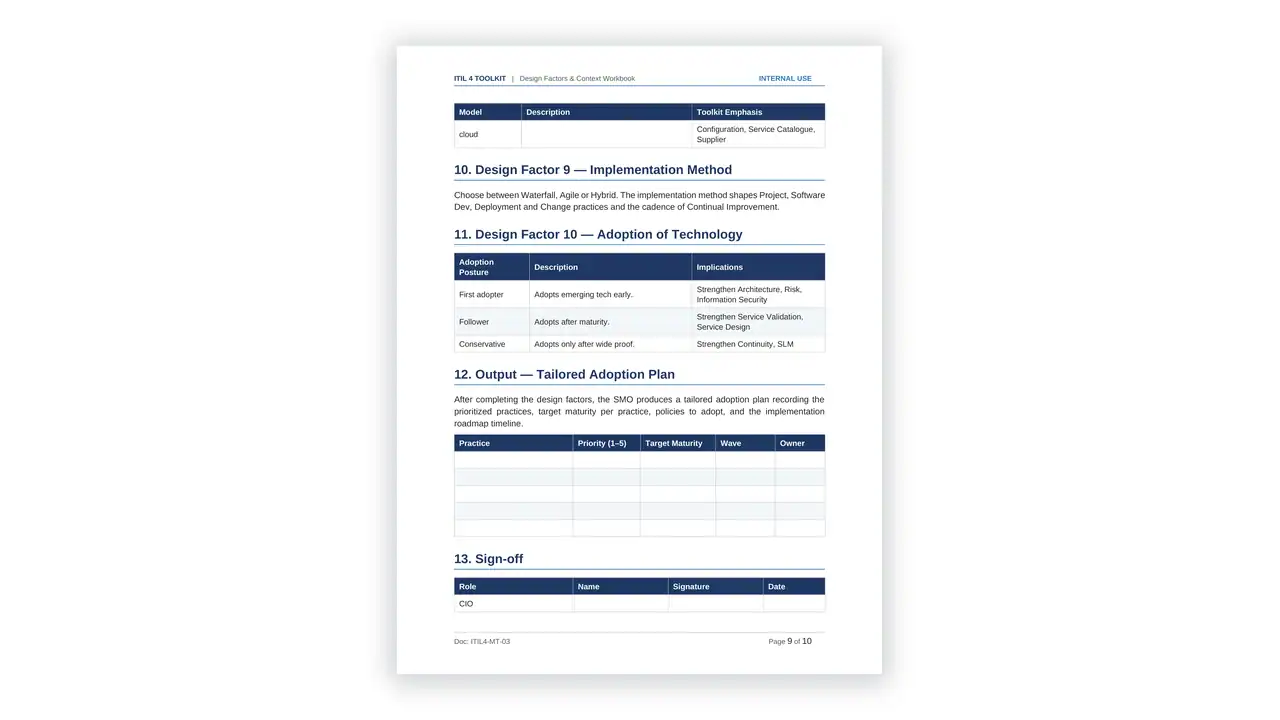 Preview of the 25 Design Factors Context Workbook from the ITIL 4 Service Management Toolkit on iso-toolkits.com