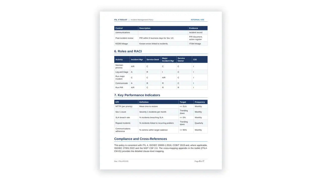 Preview of the 08 Incident Management Policy from the ITIL 4 Service Management Toolkit on iso-toolkits.com