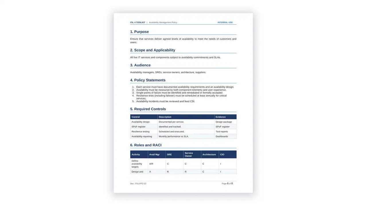 Preview of the 17 Availability Management Policy from the ITIL 4 Service Management Toolkit on iso-toolkits.com