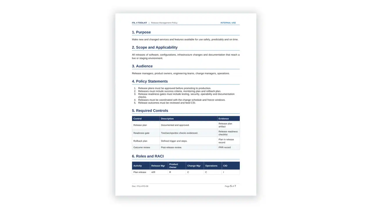 Preview of the 13 Release Management Policy from the ITIL 4 Service Management Toolkit on iso-toolkits.com