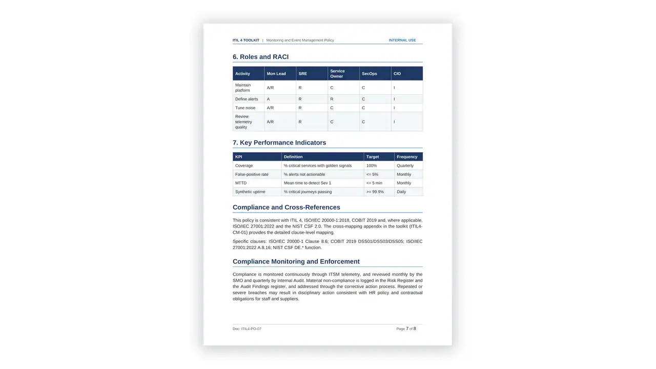 Preview of the 12 Monitoring and Event Management Policy from the ITIL 4 Service Management Toolkit on iso-toolkits.com