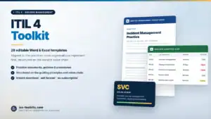 ITIL 4 Toolkit — 28 editable Word and Excel templates including the Incident Management Practice and a Practice Adoption, from iso-toolkits.com