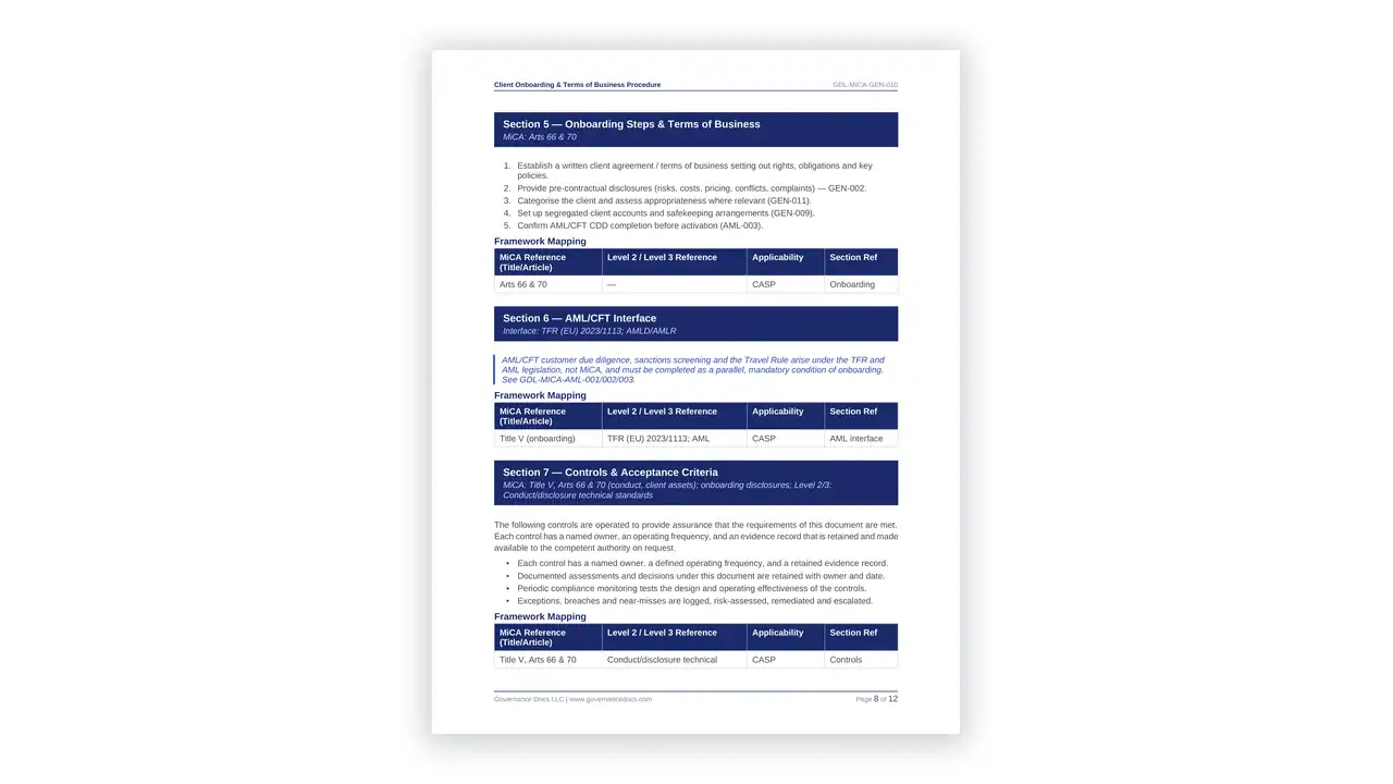 Preview of the Client Onboarding & Terms of Business Procedure from the MiCA Toolkit on iso-toolkits.com