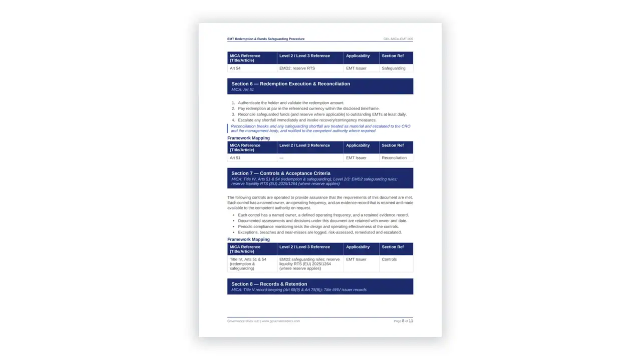 Preview of the EMT Redemption & Funds Safeguarding Procedure from the MiCA Toolkit on iso-toolkits.com