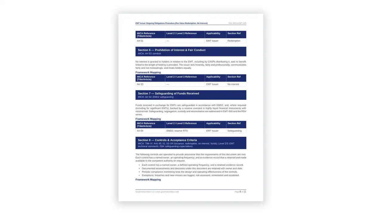 Preview of the EMT Issuer Ongoing Obligations Procedure (Par-Value Redemption, No Interest) from the MiCA Toolkit on iso-toolkits.com