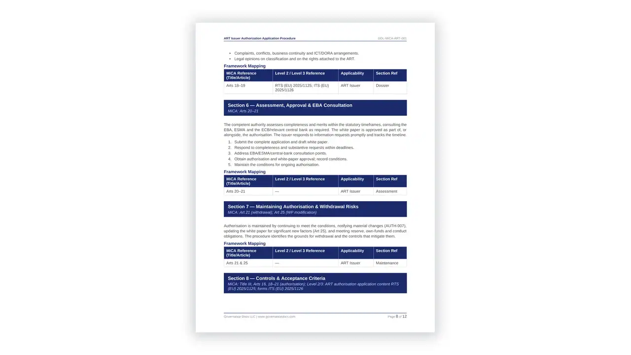 Preview of the ART Issuer Authorization Application Procedure from the MiCA Toolkit on iso-toolkits.com