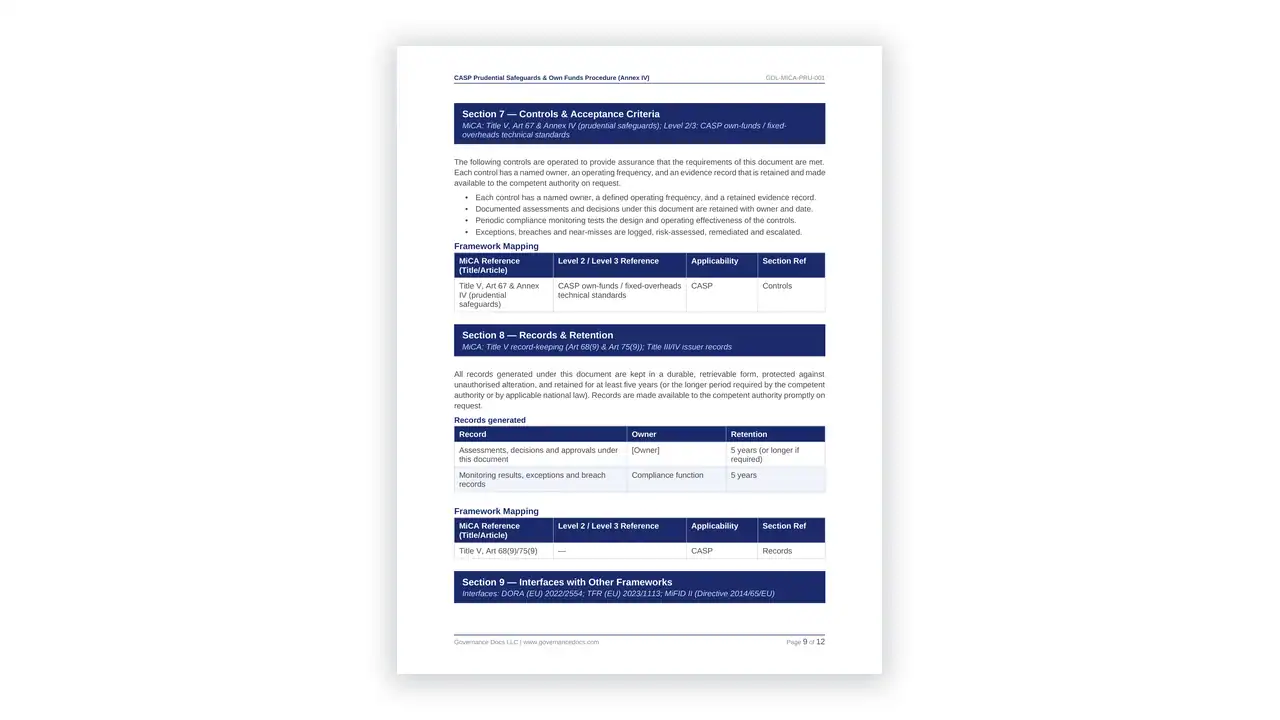 Preview of the CASP Prudential Safeguards & Own Funds Procedure (Annex IV) from the MiCA Toolkit on iso-toolkits.com