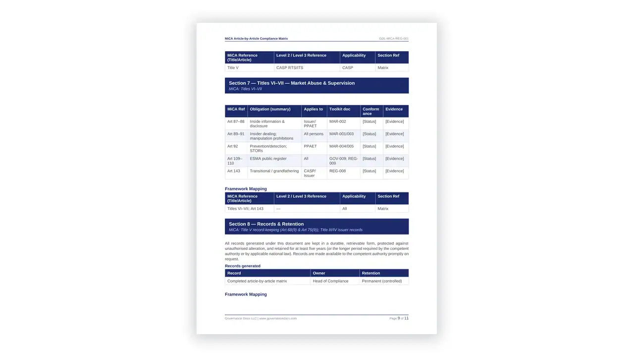 Preview of the MiCA Article-by-Article Compliance Matrix from the MiCA Toolkit on iso-toolkits.com