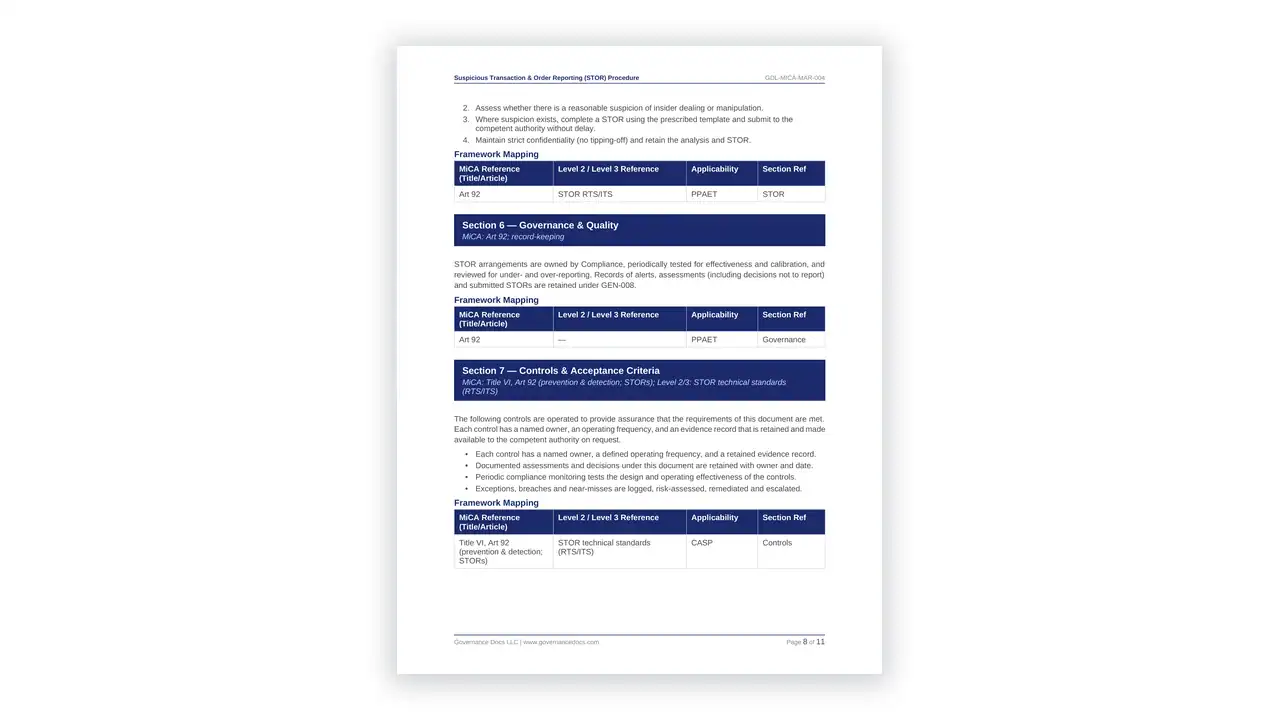Preview of the Suspicious Transaction & Order Reporting (STOR) Procedure from the MiCA Toolkit on iso-toolkits.com