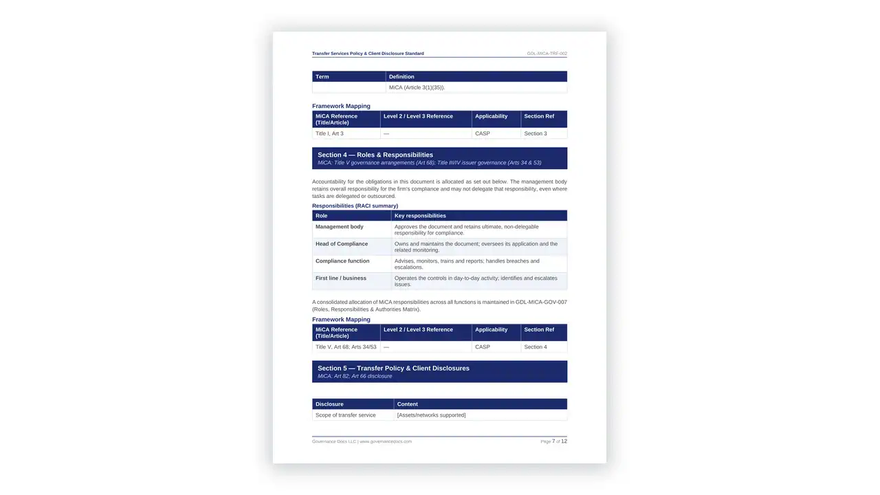 Preview of the Transfer Services Policy & Client Disclosure Standard from the MiCA Toolkit on iso-toolkits.com