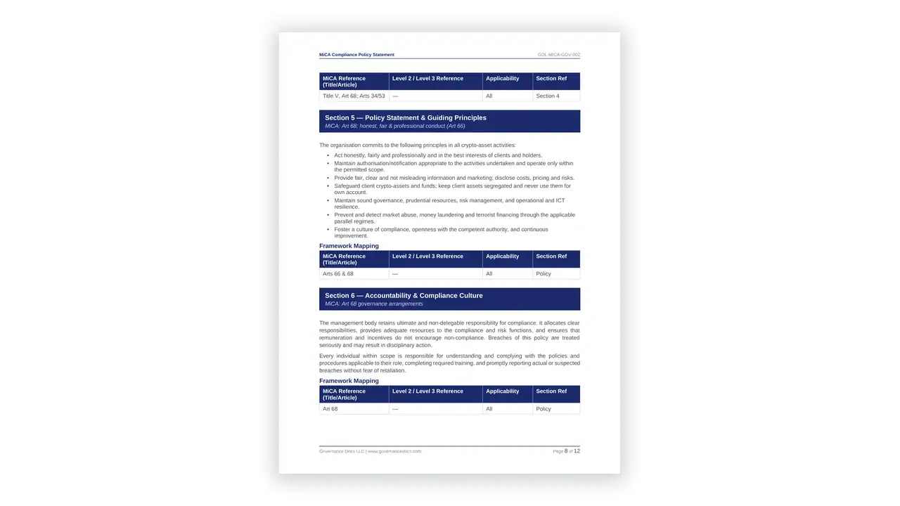 Preview of the MiCA Compliance Policy Statement from the MiCA Toolkit on iso-toolkits.com