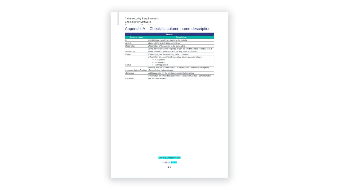 Preview of the Checklist Cybersecurity-Requirements-in-Software-Development template en from the NCA Cybersecurity Toolkit on iso-toolkits.com