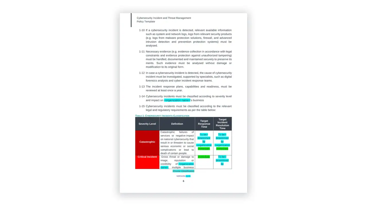 Preview of the POLICY Cybersecurity Incident and Threat Management Template en from the NCA Cybersecurity Toolkit on iso-toolkits.com
