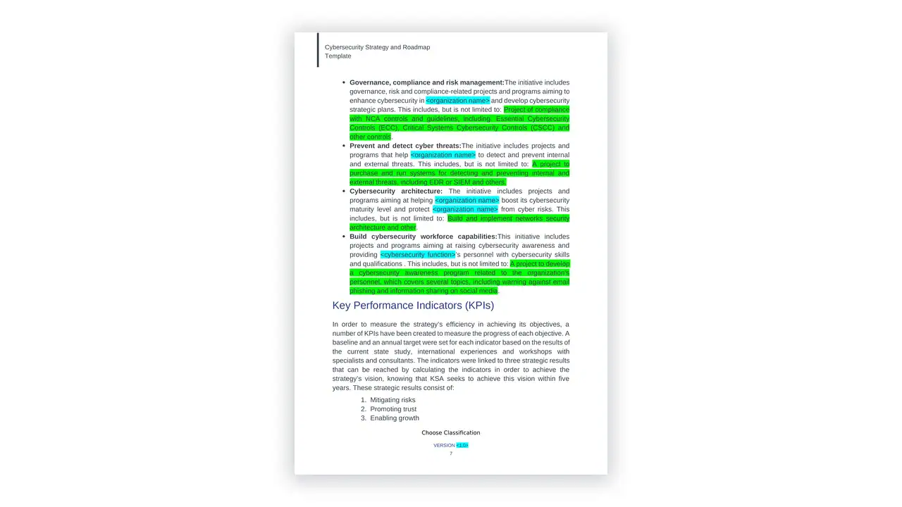 Preview of the Cybersecurity Strategy and Roadmap Template en from the NCA Cybersecurity Toolkit on iso-toolkits.com