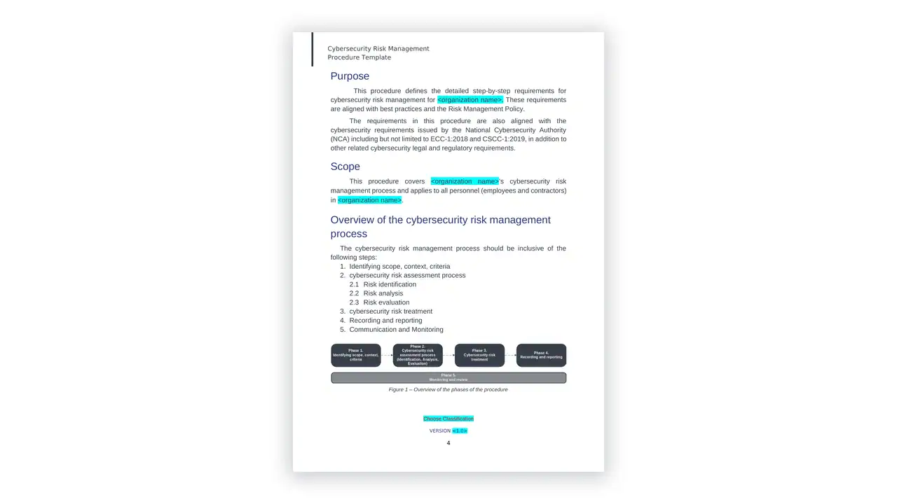 Preview of the Procedure Cybersecurity-risk-management template en from the NCA Cybersecurity Toolkit on iso-toolkits.com