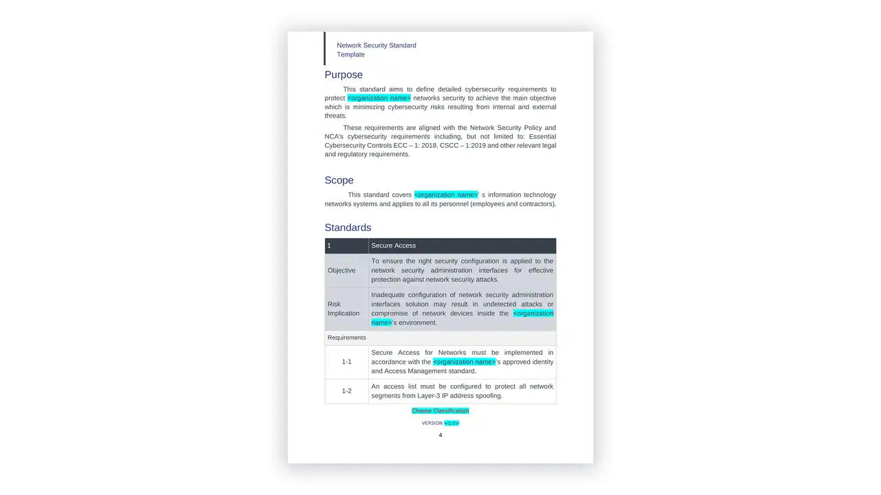Preview of the STANDARD Network Security Template en from the NCA Cybersecurity Toolkit on iso-toolkits.com