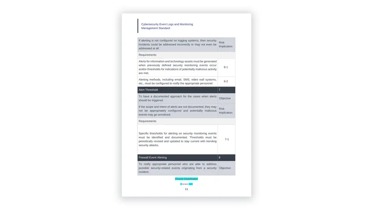 Preview of the STANDARD Cybersecurity Event Logs and Monitoring Management Template en from the NCA Cybersecurity Toolkit on iso-toolkits.com