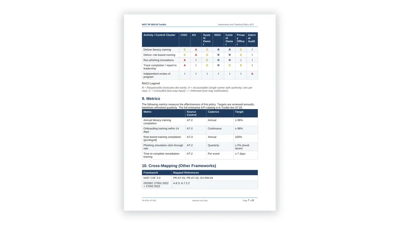 Preview of the 03.02 Awareness and Training Policy (AT) from the NIST SP 800-53 Security Controls Toolkit on iso-toolkits.com