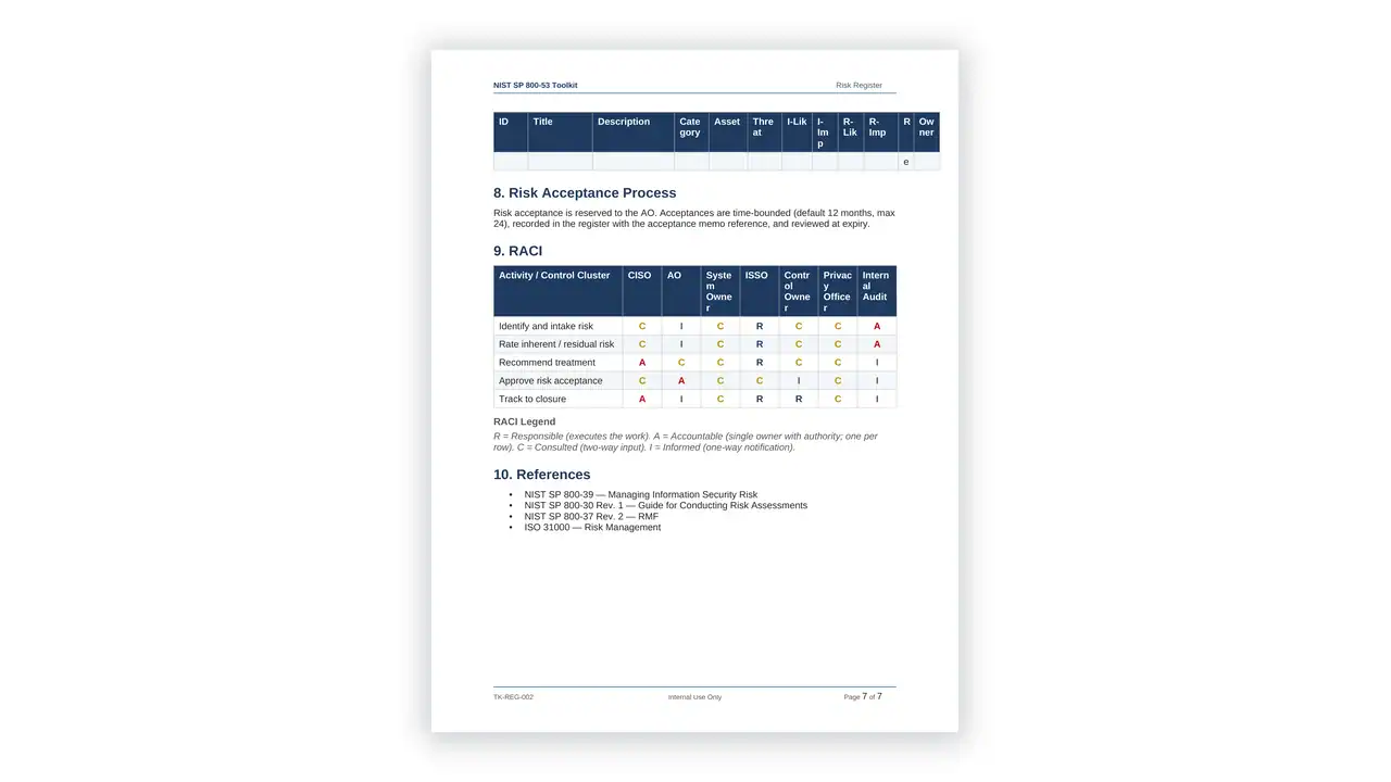 Preview of the 06.02 Risk Register from the NIST SP 800-53 Security Controls Toolkit on iso-toolkits.com