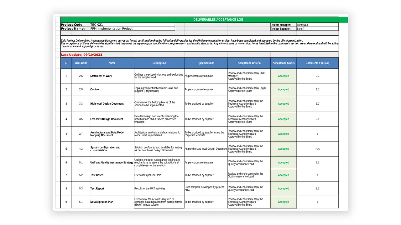 Preview of the Deliverables Acceptance Log from the Project Management Toolkit on iso-toolkits.com