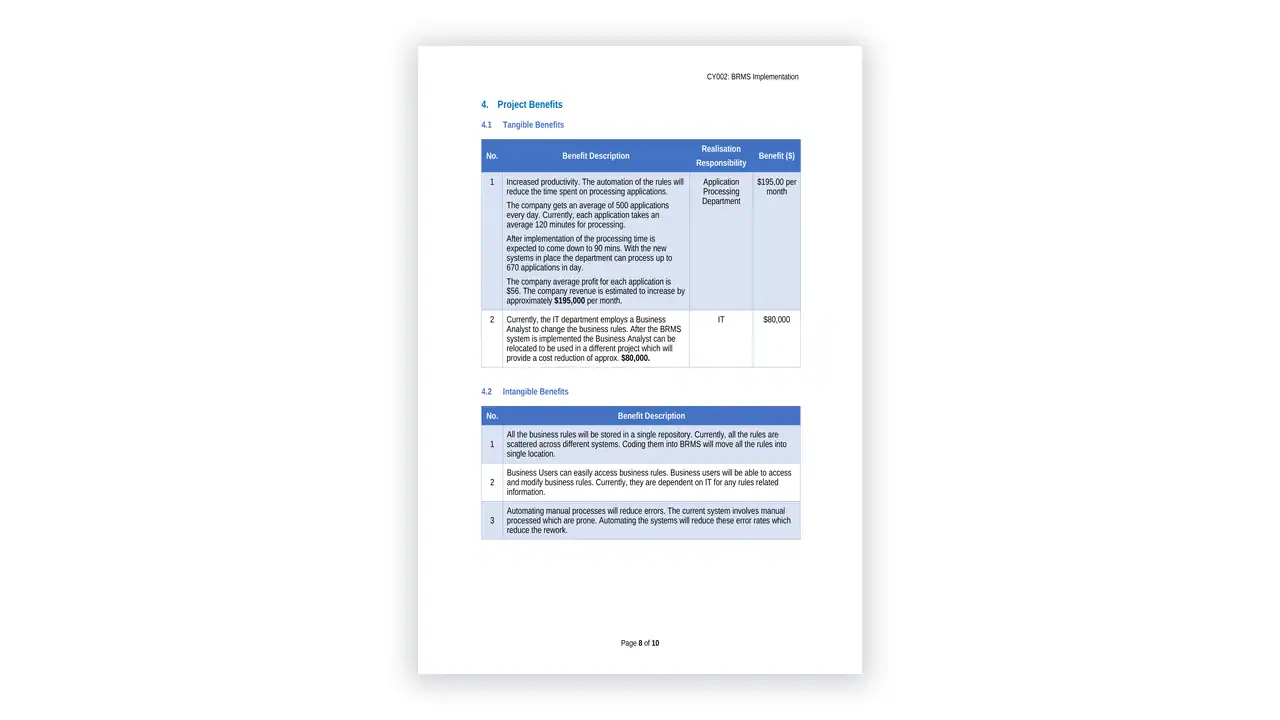 Preview of the Project Proposal BRMS Implementation Example - v0.1 from the Project Management Toolkit on iso-toolkits.com