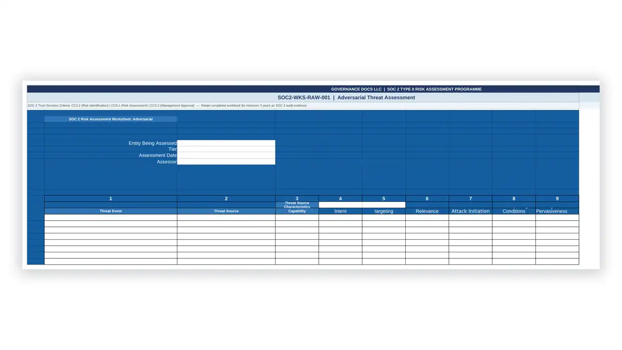 Preview of the Risk Assessment Worksheet from the SOC2 Toolkit on iso-toolkits.com
